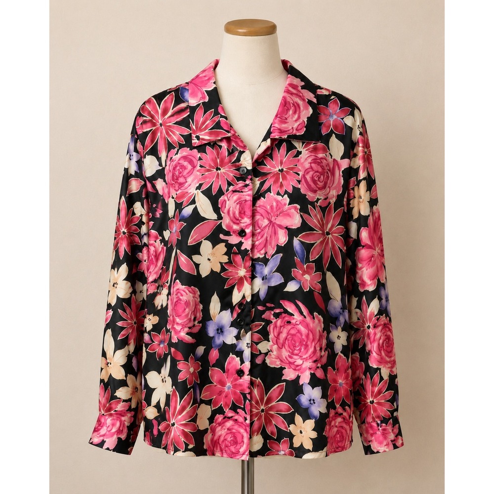 Silkland Woman Floral Silk Button Down Shirt Pink Red Black Blouse Size 1X